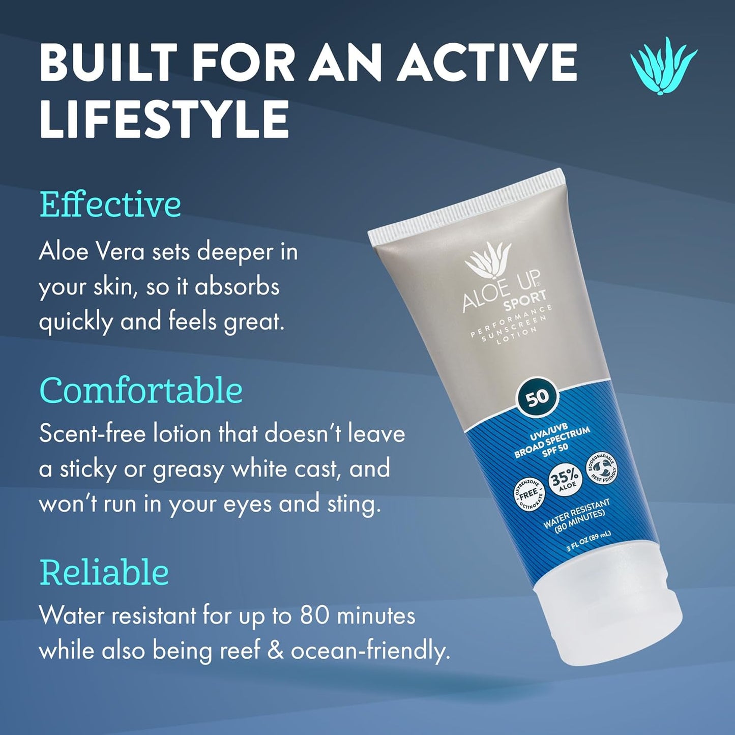 Aloe Up Sport Sunscreen Lotion SPF 50 - Broad Spectrum UVA/UVB Sunscreen Protector for Face and Body - With Hydrating Aloe Vera Gel - Non-Greasy - No White Cast - Reef Safe - Fragrance-Free - 3 Oz
