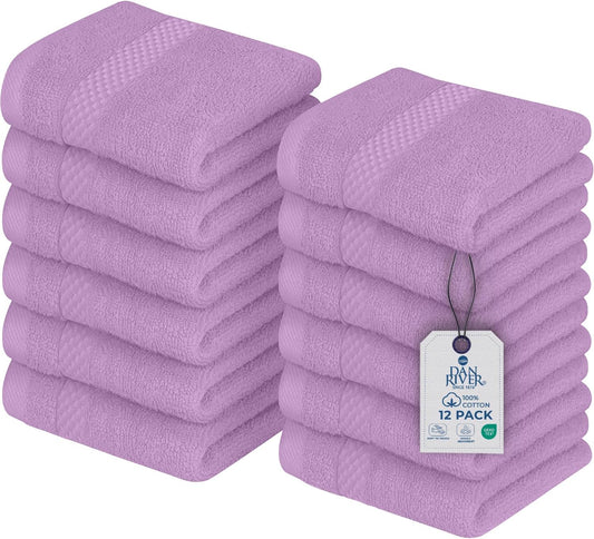 DAN RIVER 12-Pack Premium 100% Cotton Lavendar Face Towels – Reusable Face Towel Set, Soft & Absorbent Wash Rags for Bathroom & Body – Hand and Face Towels, 550 GSM (12x12 in)