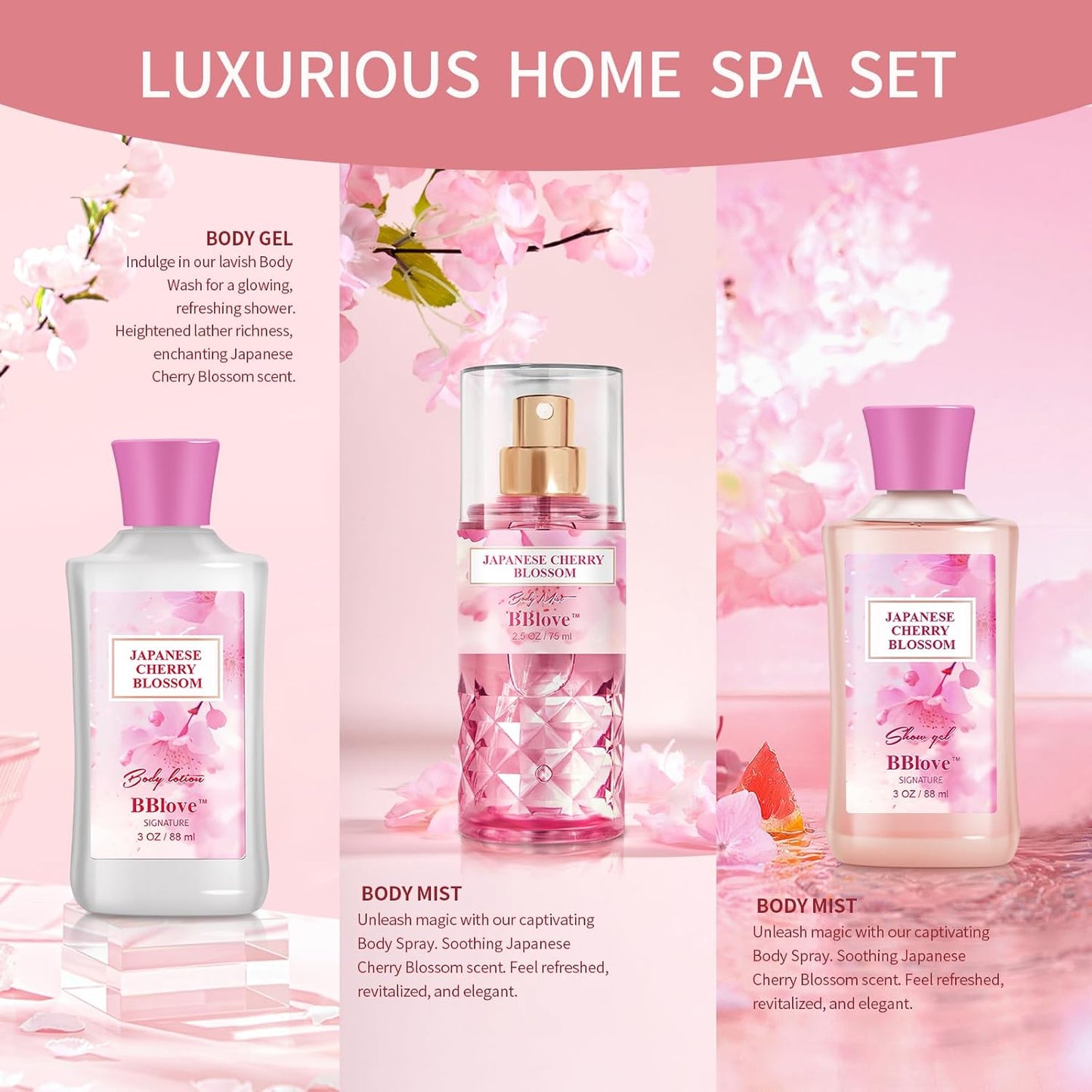 Bath and Body Gift Set for Women & Girls, Japanese Cherry Blossom, 3PCS Set for - Shower Gel, Body Lotion, Body Mist, Body Care Travel Set