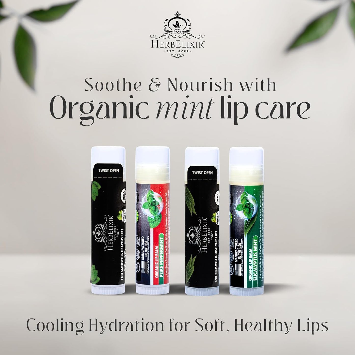 Organic Peppermint Lip Balm 3 Pack | Moisturizing Mint Chapstick for Dry, Chapped Lips | For Men and Women