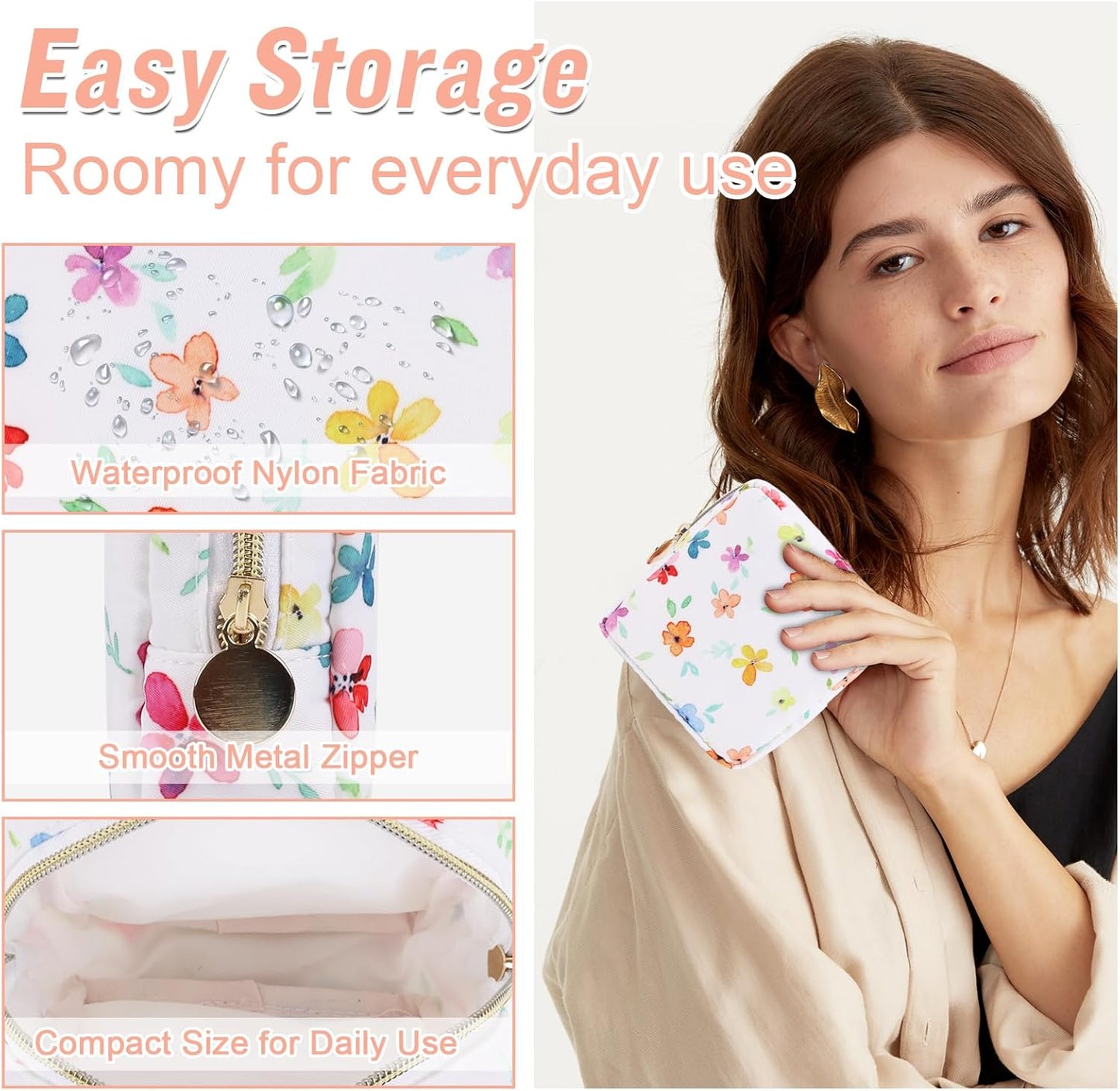 Nylon Mini Floral Makeup Bag for Purse, Small Cute Makeup Bag Preppy Flower Cosmetic Zipper Pouch, Waterproof Travel Set Coin Pouch Sanitary Napkin Storage Bag Makeup Organizer for Women(White-Flower)