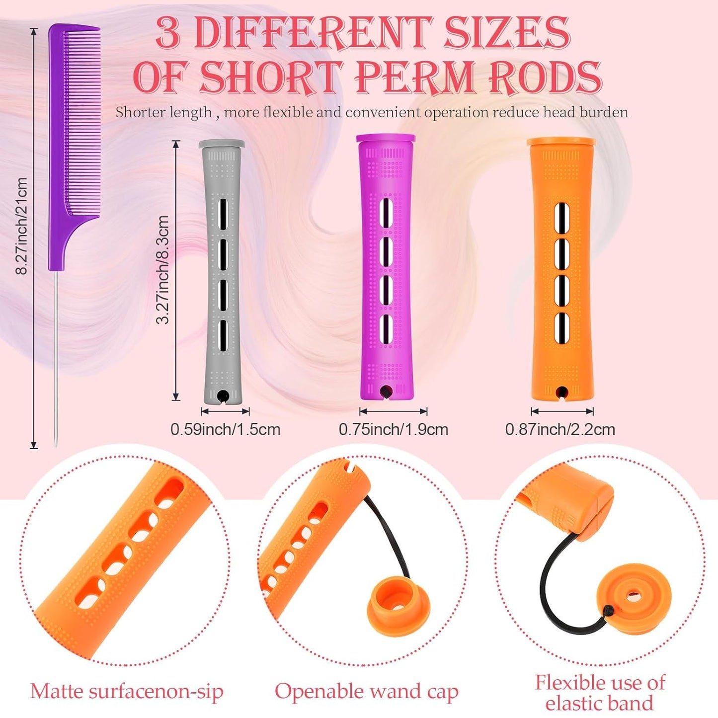 WILLBOND 36 Pieces Cold Wave Rod Hair Perm Rods Hair Rollers Perming Curlers with Steel Rat Tail Comb for Hairdressing Styling(Purple, Gray, Orange,0.87 Inch, 0.75 Inch,0.59 Inch)