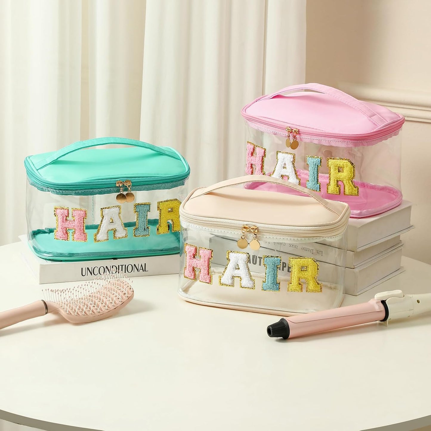 Personalized Chenille Letter Clear Hair Makeup Bag, Large Size Waterproof Nylon Cosmetic Toiletry Storage bag with Top Handle, Transparent Meds Hair Travel Organizer Cosmetic Bag(06Hair-Pink)