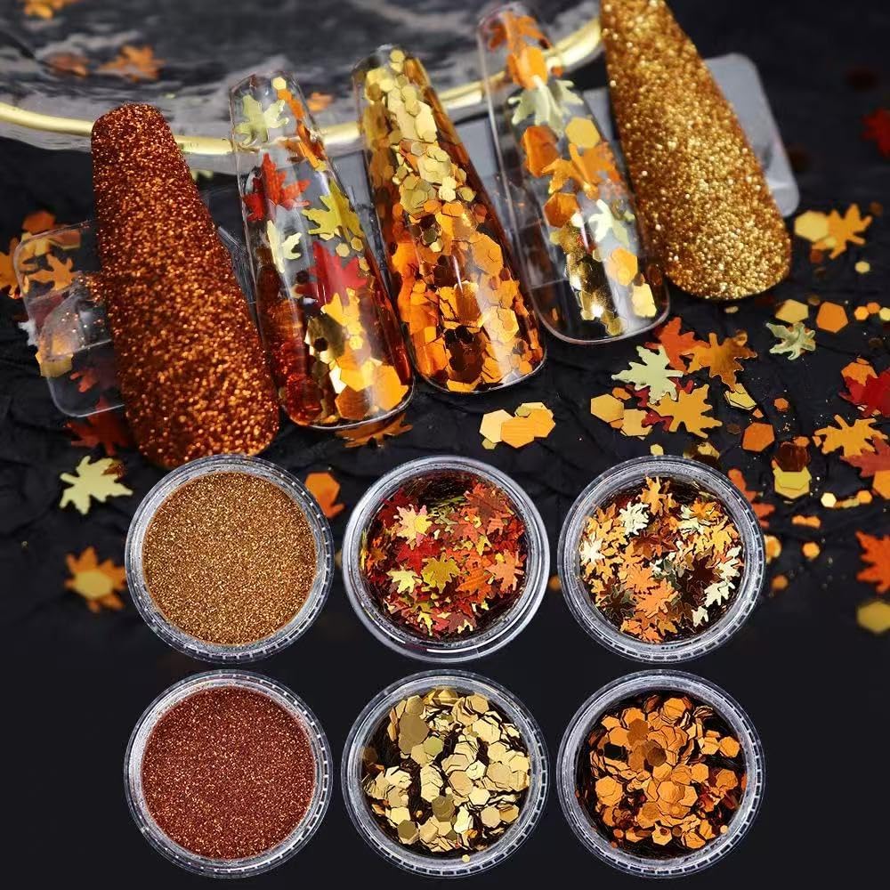 12 Grids Fall Maple Leaf Nail Sequins Thanksgiving Nail Art Stickers 3D Maple Leaves Nail Glitter Powder Autumn Glitter Flakes Red and Yellow Nail Glitter Nail Art Supplies for Acrylic Nails