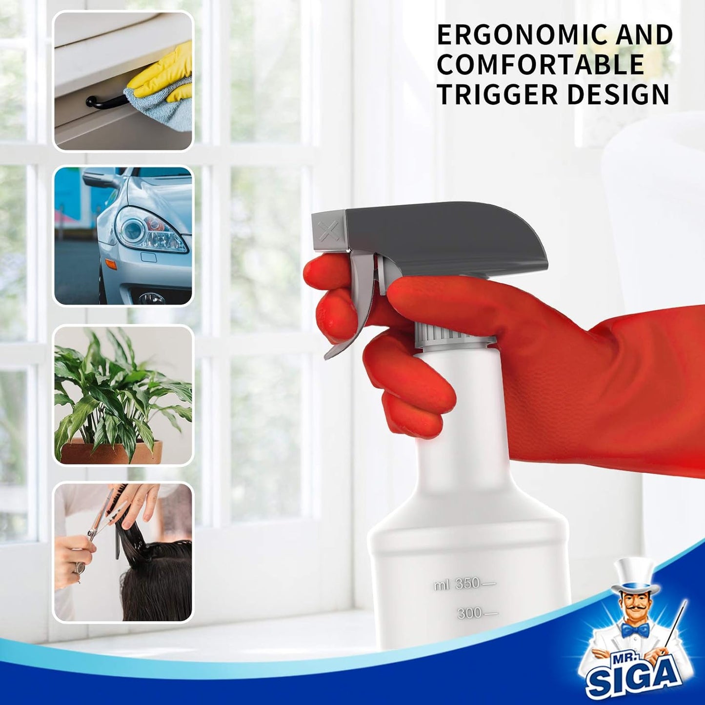 MR.SIGA 16 oz Empty Plastic Spray Bottles for Cleaning Solutions, Heavy Duty Household Reusable Spray Bottles with Measurements and Adjustable Leak Proof Nozzle, 3 Pack