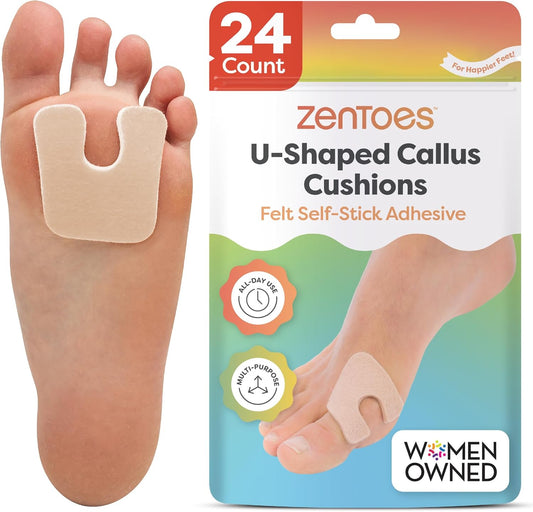 ZenToes U-Shaped Felt Callus Pads | Protect Calluses from Rubbing on Shoes | Reduce Foot and Heel Pain | Pack of 24 | 1/8” Self-Stick Pedi Cushions