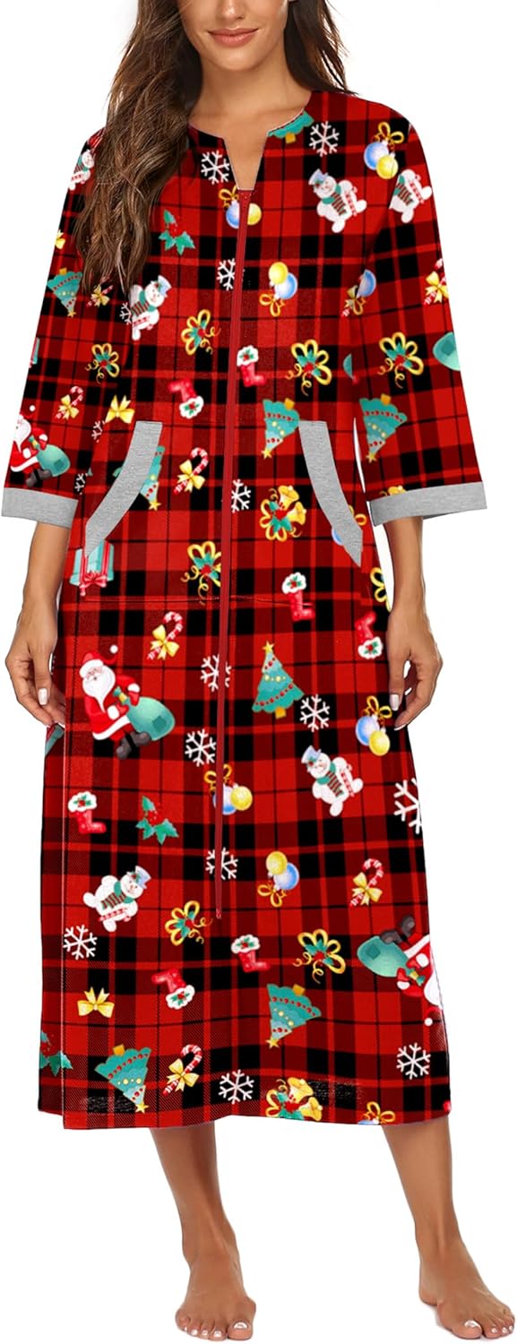 Ekouaer Women Zipper Robe 3/4 Sleeves Loungewear Dress Full Length Sleepwear Pockets Housecoat Nightgown Long Bathrobe