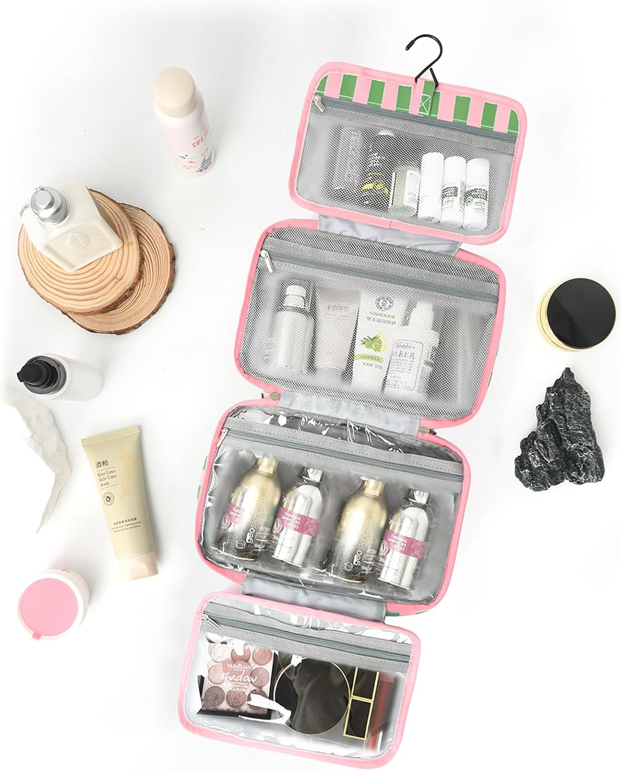 Toiletry Bag for Women Travel Water-resistant Cosmetic Bag Fashion Stripes Makeup Bag with Hanging Hook Preppy for Store Toiletries Cosmetic Accessories Large Capacity Green