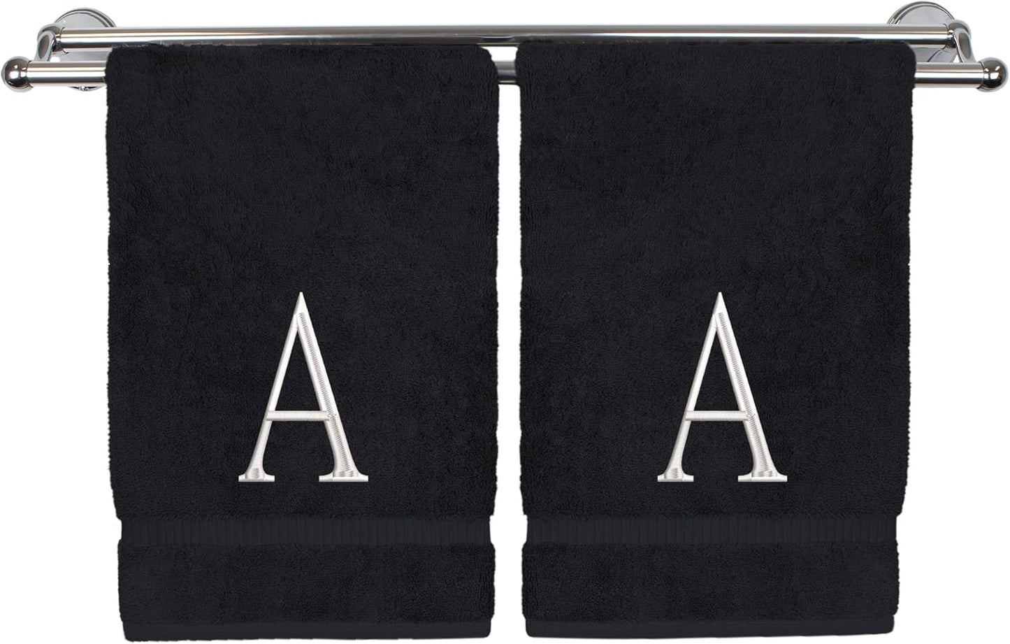 Monogrammed Hand Towel, Personalized Initial Gift, Extra Absorbent 100% Turkish Cotton - Soft Terry Finish - Set of 2 - White Block Initial A - Embroidered on Black Towels