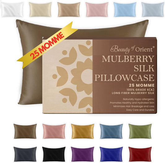 25 Momme Premium Mulberry Silk Pillowcase for Hair and Skin | Handcrafted Hypoallergenic & Anti-Acne Silk Pillow Cases with Zipper | King - 20" x 36", Chocolate