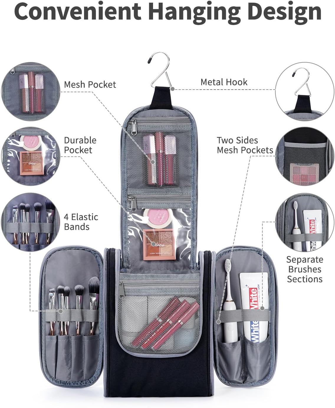 Narwey Small Hanging Travel Toiletry Bag Cosmetic Make Up Organizer for Women and Men (Medium, Black)