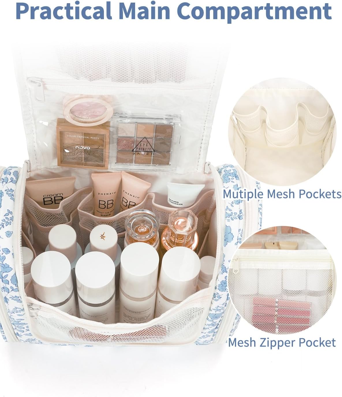 Narwey Hanging Toiletry Bag for Women Travel Makeup Bag Organizer Toiletries Bag for Cosmetics Essentials Accessories (Large, Little Blue Flower)