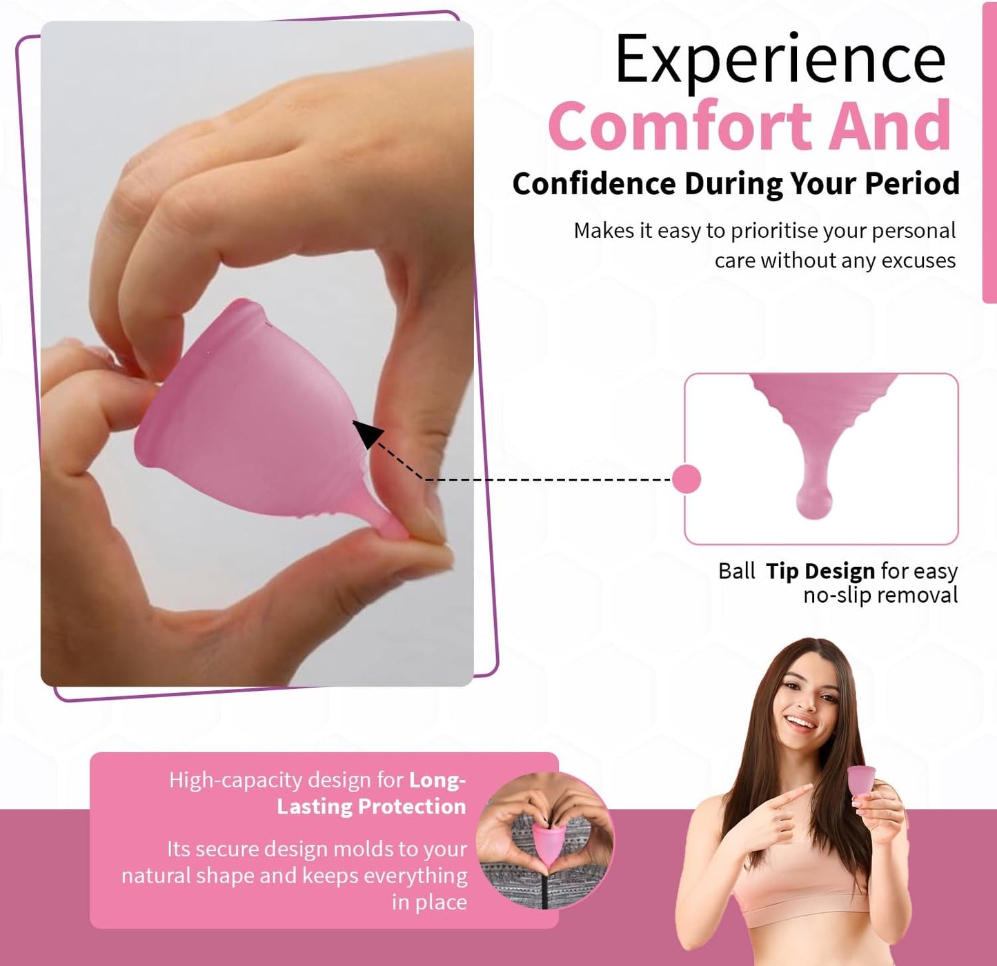 Angel's Peel Lounge Menstrual Cup for Women - 100% Medical-Grade Leak-Free Soft & Flexible Silicone Cup - 12 Hour Leak Protection Eco-Friendly & Reusable Period Cups for Women - Pink - Small