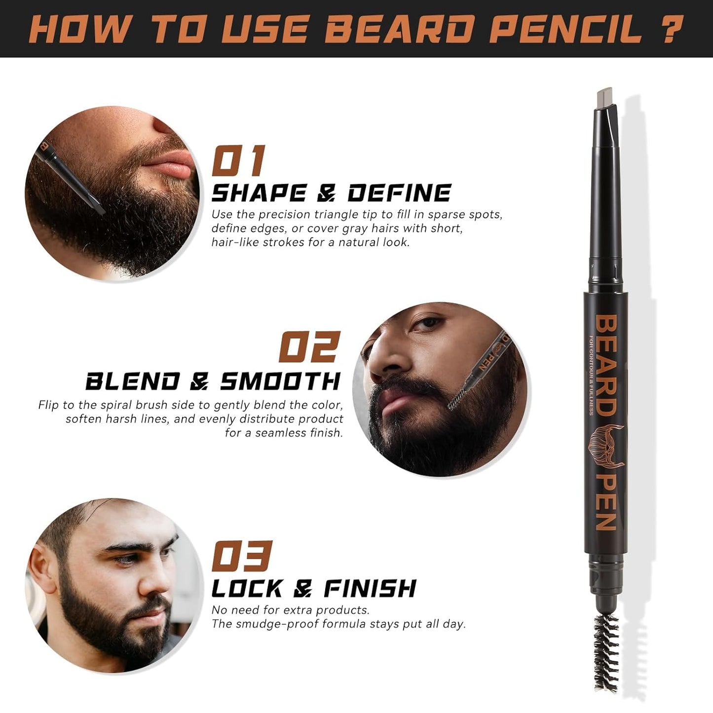 2pc Dual-Ended Beard Pencils: Spiral Brush & Wax for Precise Styling, Shaping - Natural Look for Beard, Mustache & Brows
