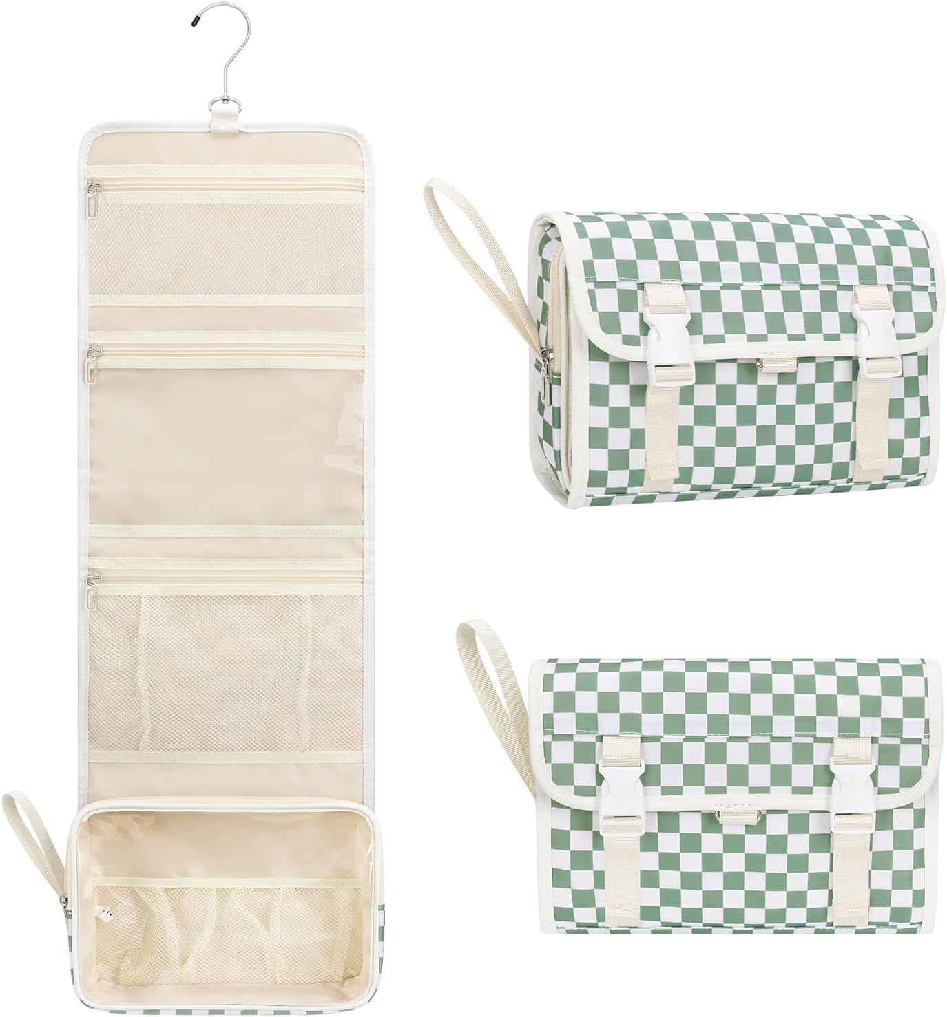 Relavel Travel Hanging Toiletry Bag for Women, Large Capacity Wash Bag with 360 degree Rotation Hanging Hook, Portable Toiletries Makeup Organizer Storage for Daily Use, Trip, Camping - Green Plaid