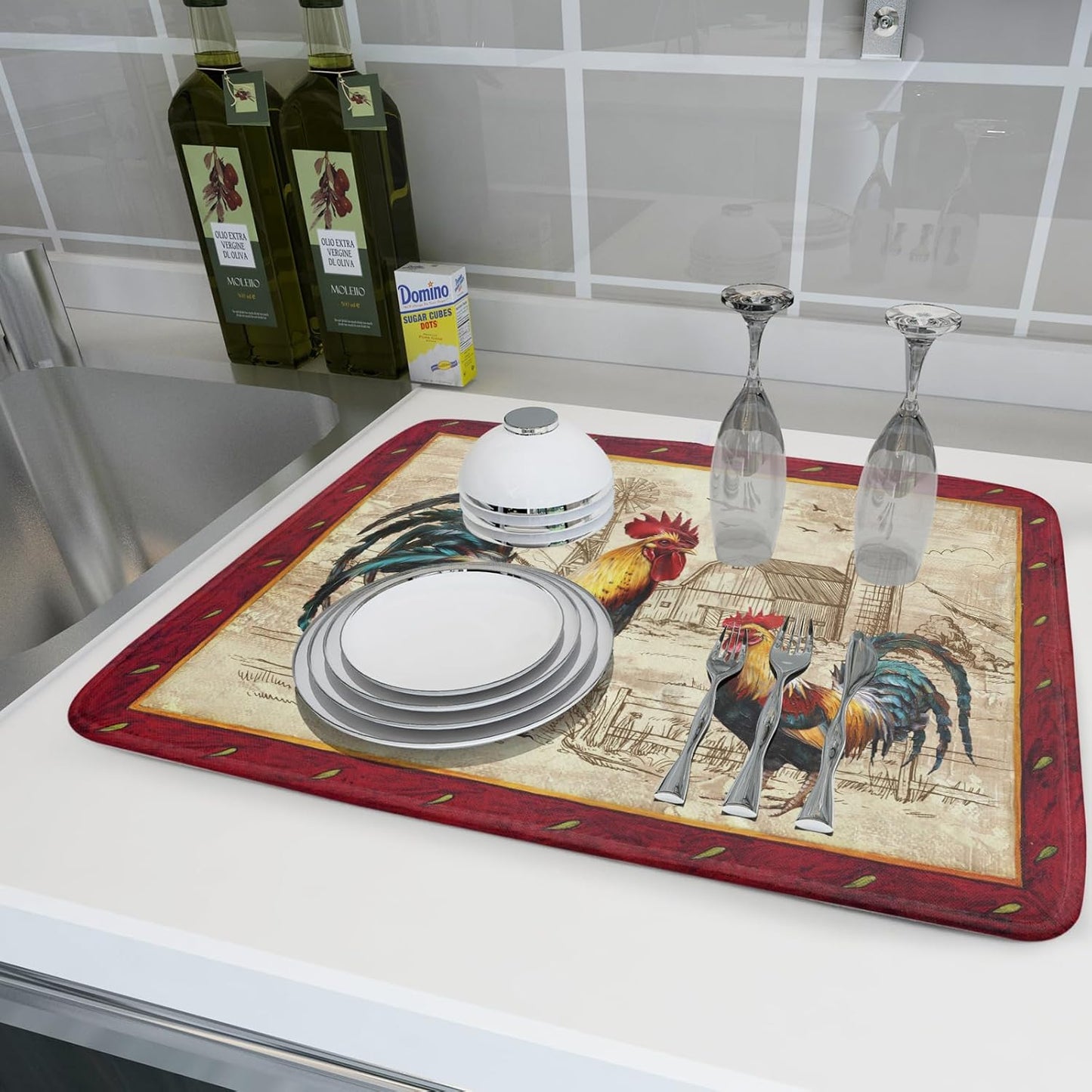 Farm Rooster Dish Drying Mat for Countertop 18x24 Inches Red Rustic Chicken Absorbent Microfiber Dry Dishes Pads Kitchen Counter Accessories