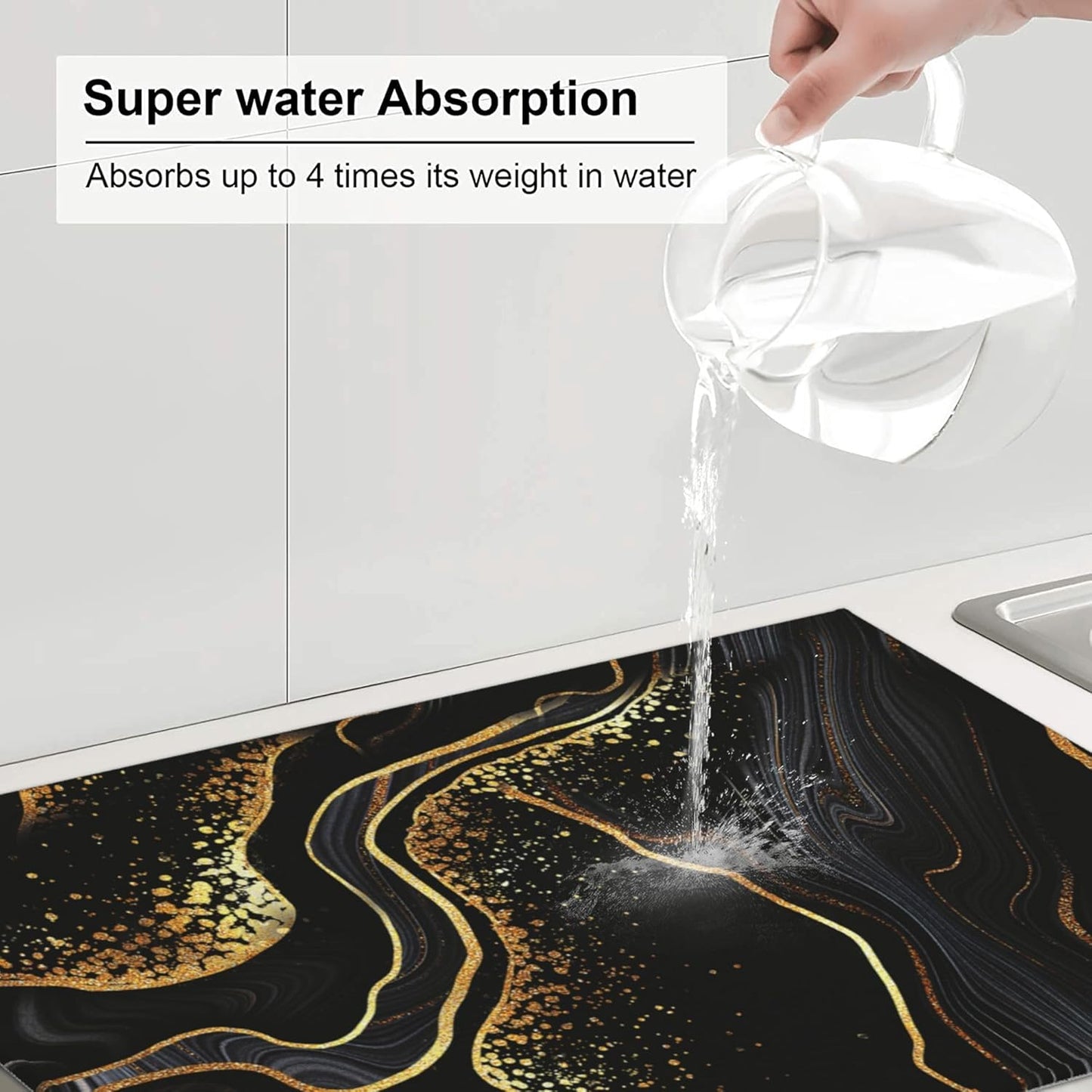 Black Gold Kitchen Drying Mat Marble Texture Dish Drainer Mat for Kitchen Counter 18x24 Inch Microfiber Absorbent Reusable Washable Modern Drying Pad Black Gold Coffee Bar Decor