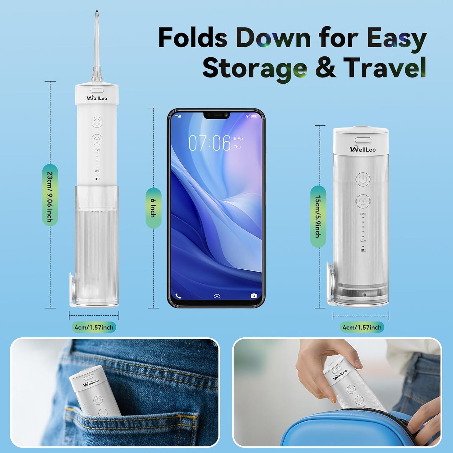 Mini Water Flosser for Teeth,Travel Dental Flosser Picks, Portable Oral Irrigator with Telescopic Water Tank, 5 Modes IPX7 Waterproof Tooth Flosser for Brace, Sensitive Teeth, with Storage Bag