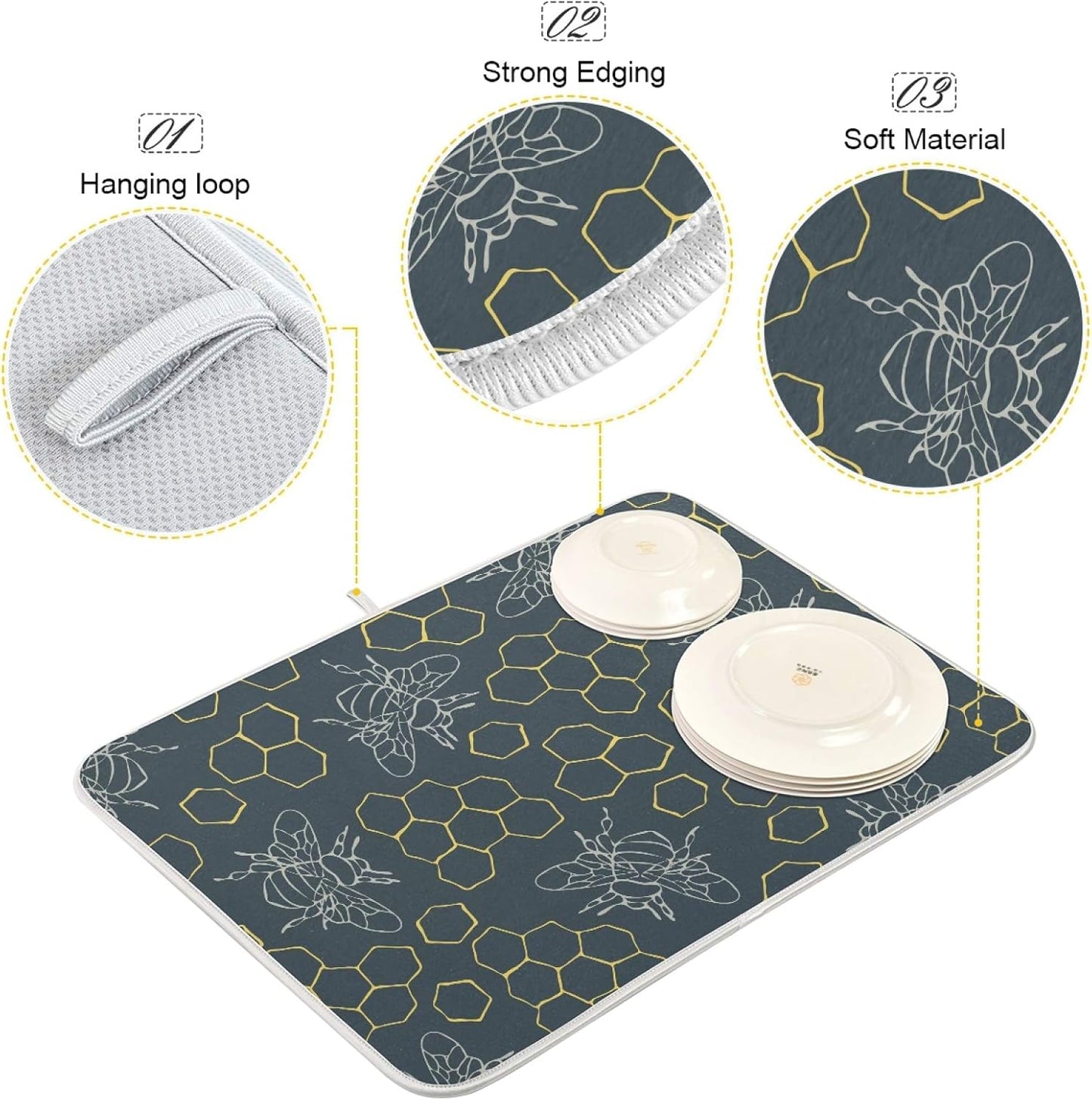Dish Drying Mat for Kitchen Counter Bees and Golden Hive Absorbent Microfiber Drying Pad Dish Drainer Mat 18 x 16 Inch Reversible Bottles Dish Dry Pad