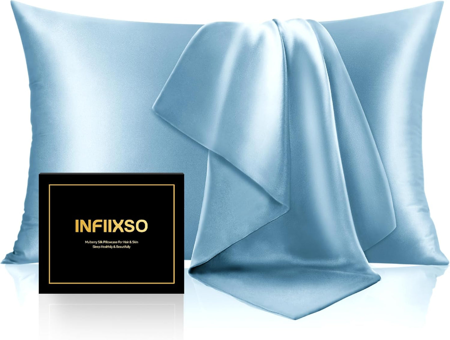 INFIIXSO Mulberry Silk Pillow Case King Size, Silk Pillowcase with Hidden Zipper 20"x36", Extraordinary Smooth and Soft Pillow Cases for Hair and Skin(Light Blue, 1 Pack)