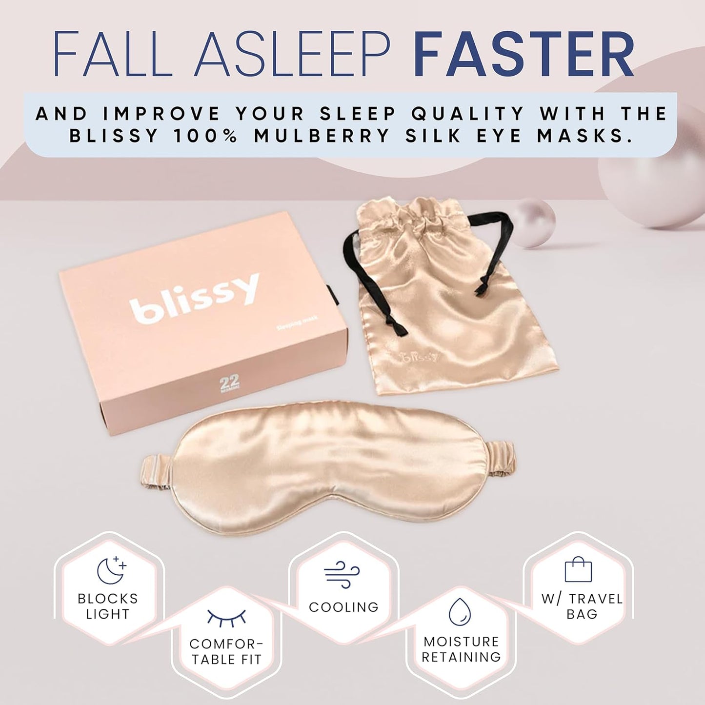 Blissy Silk Sleep Mask - Eye Sleeping Mask for Women & Men for Total Blackout - 100% Pure Mulberry Silk, 22 Momme 6a Fibers - Blindfold Sleep Mask Side Sleeper Eye Cover (Champagne)