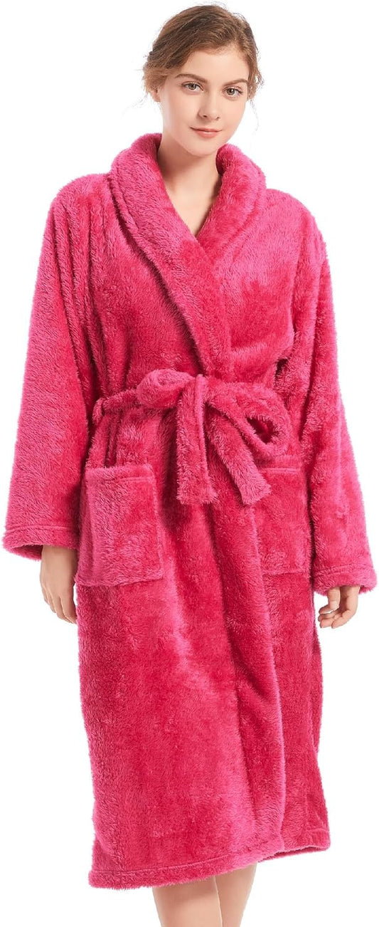 Inner Wish Womens Plush Fleece Robe, Cozy Warm Bathrobe Fuzzy Female Spa Robe With Pockets