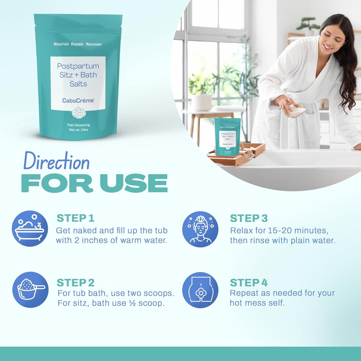 CaboCréme Postpartum Sitz + Bath Salts – 24oz – Postpartum Bath Soak for Perineal Care, Healing Tears, Swelling & Hemorrhoids – Dead Sea Salt with Magnesium, Arnica, Calendula + Cabbage Extract