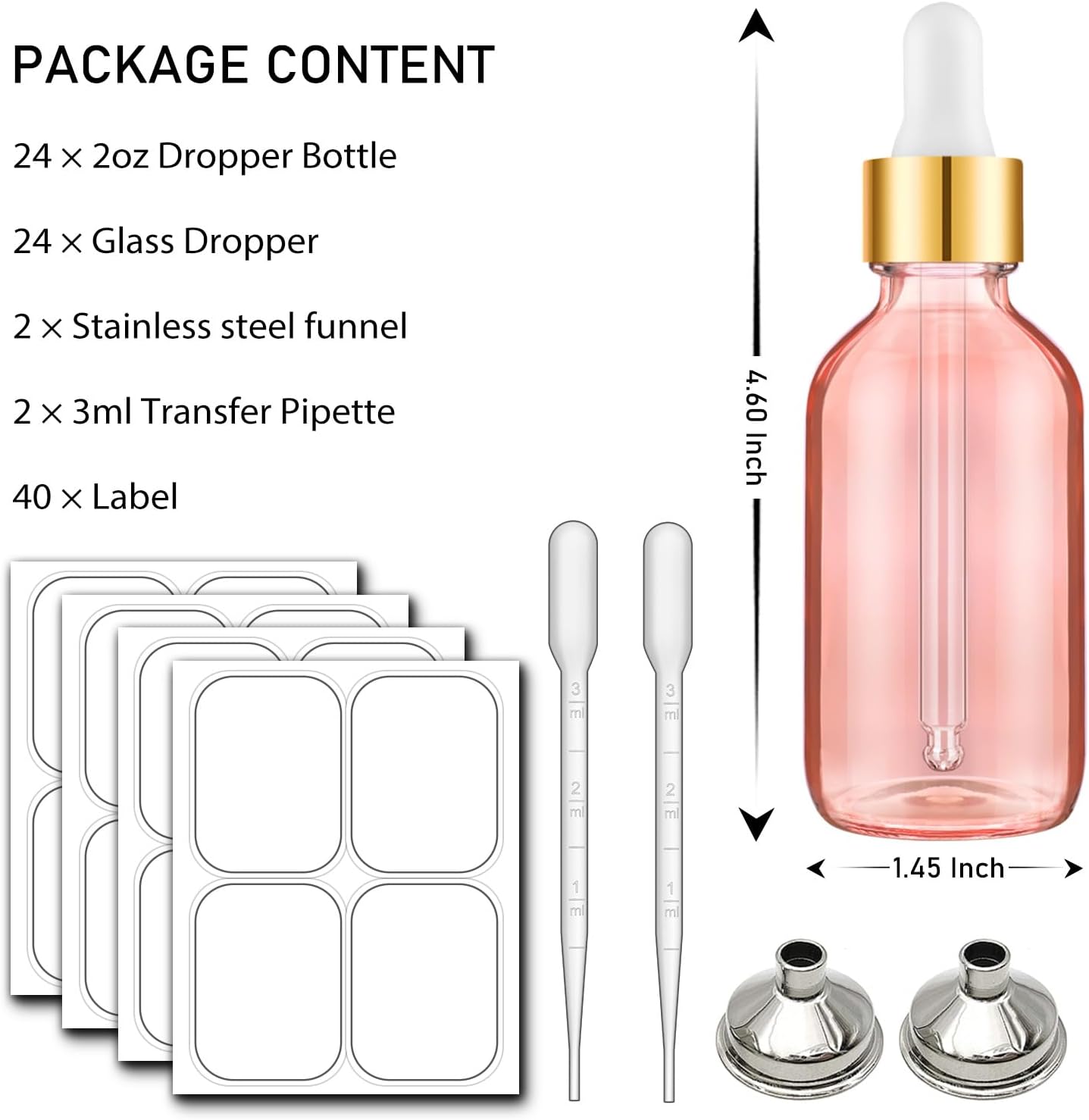 Bumobum 2 oz Dropper Bottle, 24 Pack Pink Glass Eye Dropper Bottles with Golden Top Cap for Essential Oils, Tincture Bottle with Labels and Funnel