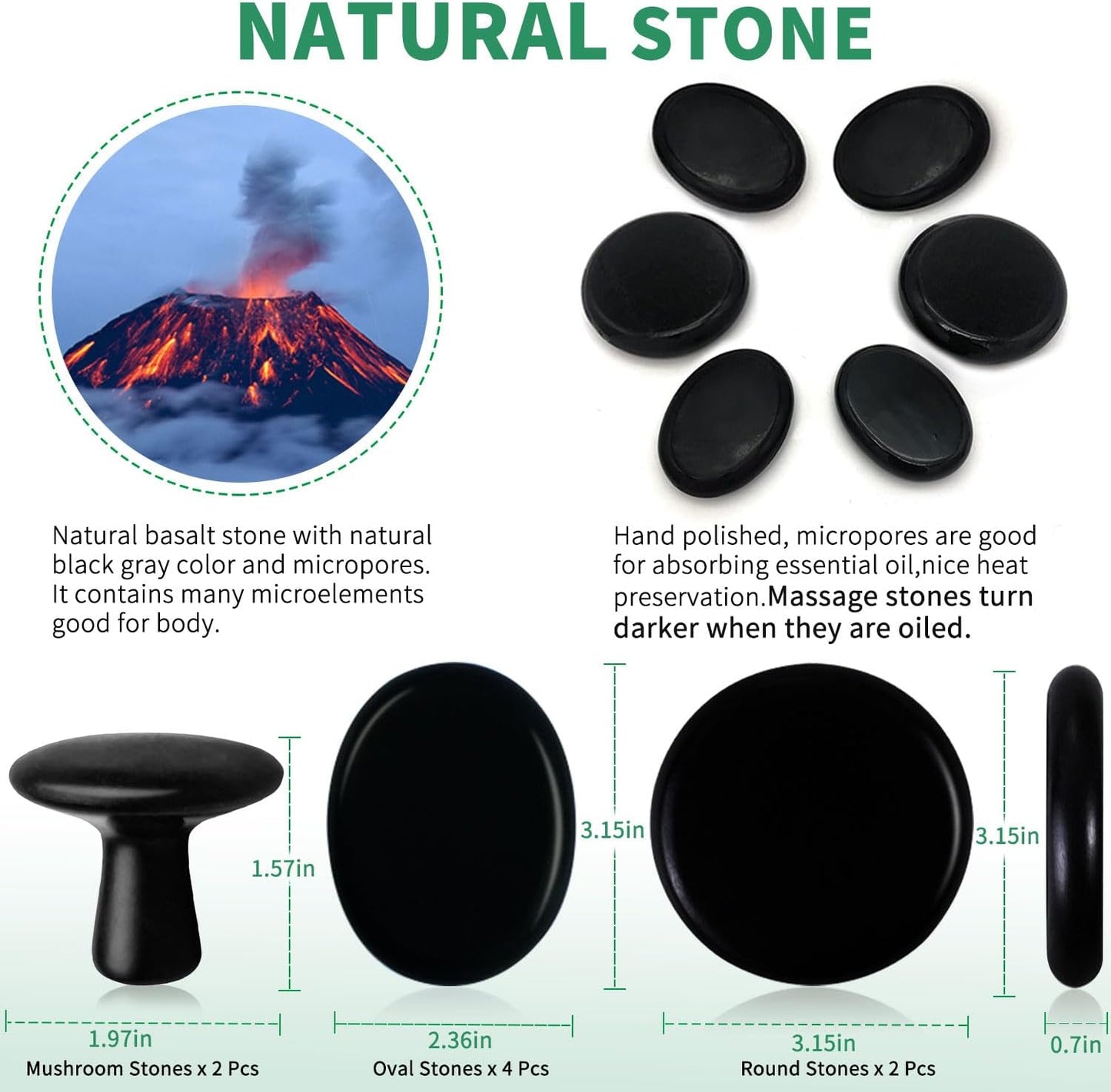 Hot Stones for Massage-6 Large Essential Basalt Massage Stones Set (3.15in) with 2 Mushroom Shape Gua Sha Facial Tools, Massage Tools for Professional or Home SPA, Relaxing, Pain Relief