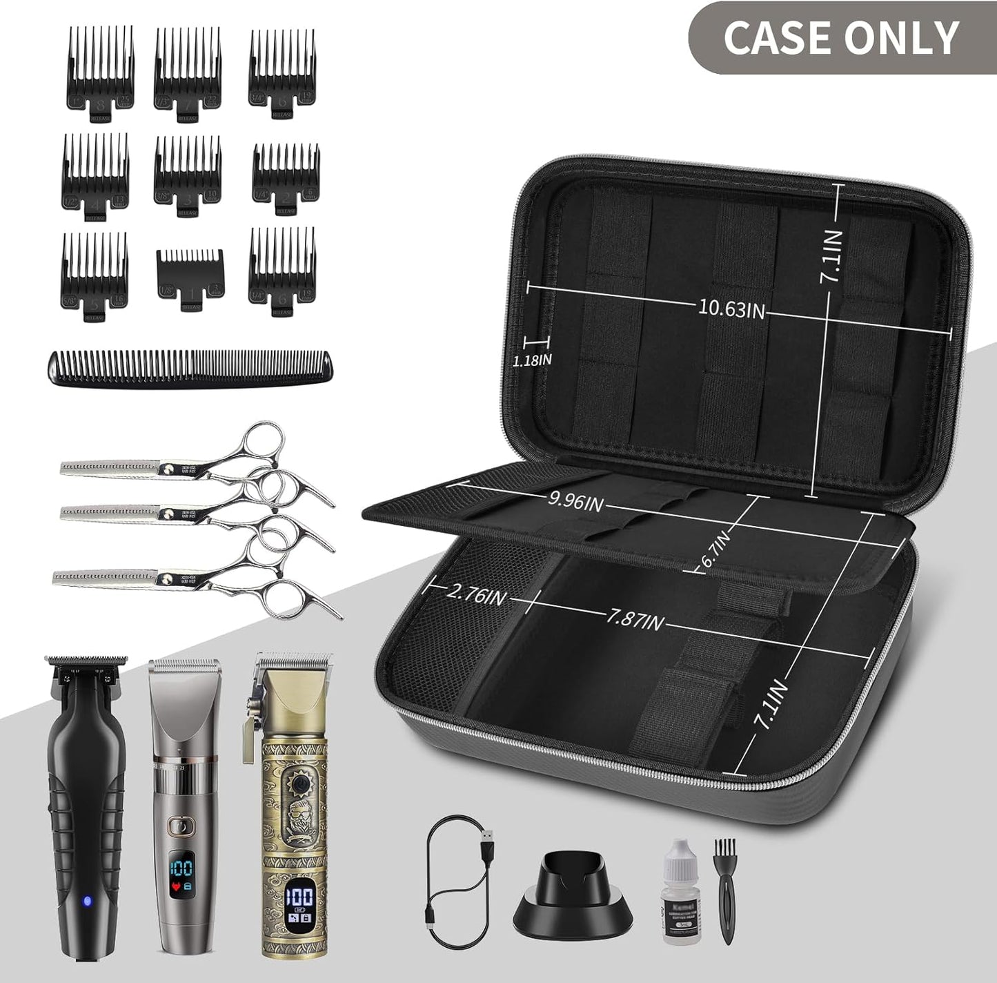Boobowl Barber Accessories Bag for Clippers and Supplies, Mens Hair Trimmers Box, Portable Storage Organizer for Hair Cutting, Guard Grooming Kit and Barbers Supplies (Bag Only) (Black+Silver Zipper)