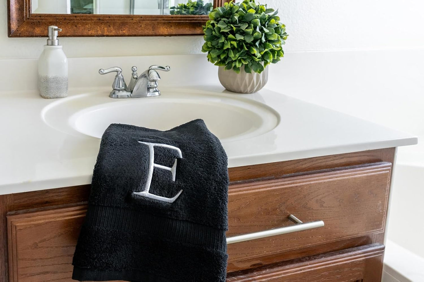 Black Monogram Hand Towel for Bathroom - Monogrammed Initial Hotel Quality Decorative Embroidered Luxury Towel for Powder Room, Spa - GOTS Organic Certified - Pack of 2 - Letter E