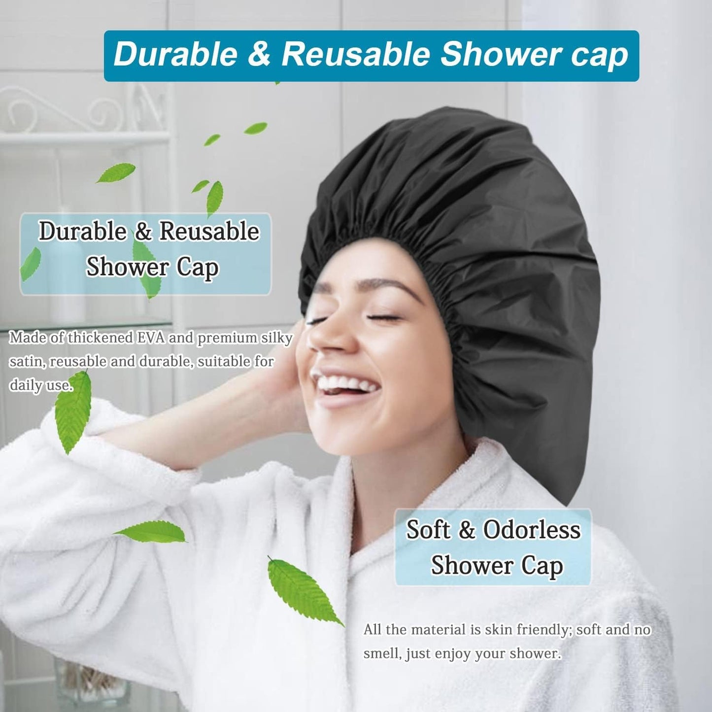 3 Pcs Super Jumbo Adjustable Satin Lined Shower Caps for Long Hair & Braids, Extra Large Shower Cap for Women & Men, Reusable XL with Waterproof Edge for Dreadlocks, Locs (Black)