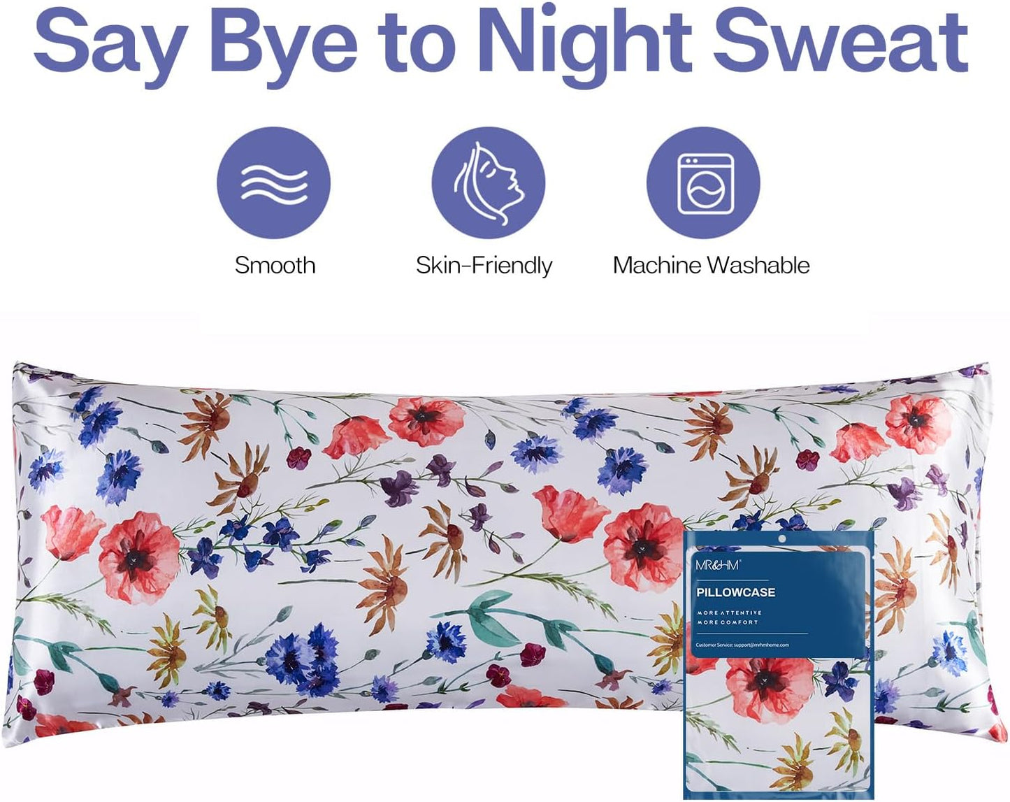 MR&HM Satin Body Pillow Cover, Soft and Breathable Body Pillow Case with Envelope Closure, Cooling and Silky Long Pillowcase for Hair and Skin,Grey (20x54, Floral Mixted)