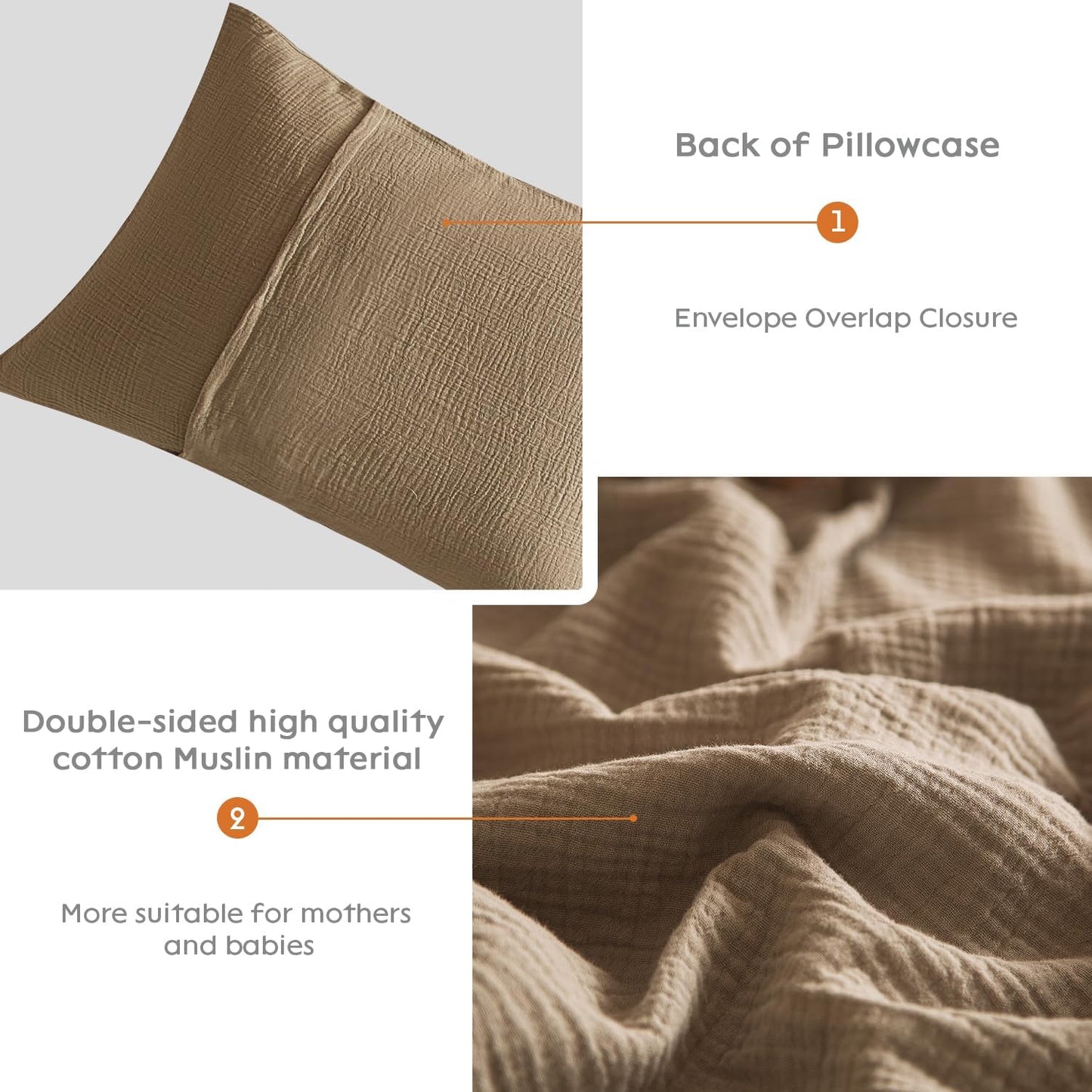 SE SOFTEXLY Muslin Pillowcases King Size 100% Cotton, 2 Pack Linen Like Pillow Shams with Envelope Closure, Ultral Soft and Breathable Pillow Case Covers, Light Brown, 20" X 36", No Filling