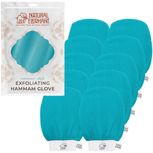 Natural Elephant Exfoliating Hammam Glove - Face and Body Exfoliator Mitt 5 and 10 Packs (Teal Waves (Pack of 10))