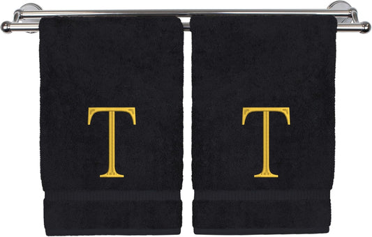 Monogrammed Hand Towel, Personalized Initial Gift, Extra Absorbent 100% Turkish Cotton - Soft Terry Finish - Set of 2 - Gold Block Initial T - Embroidered on Black Towels