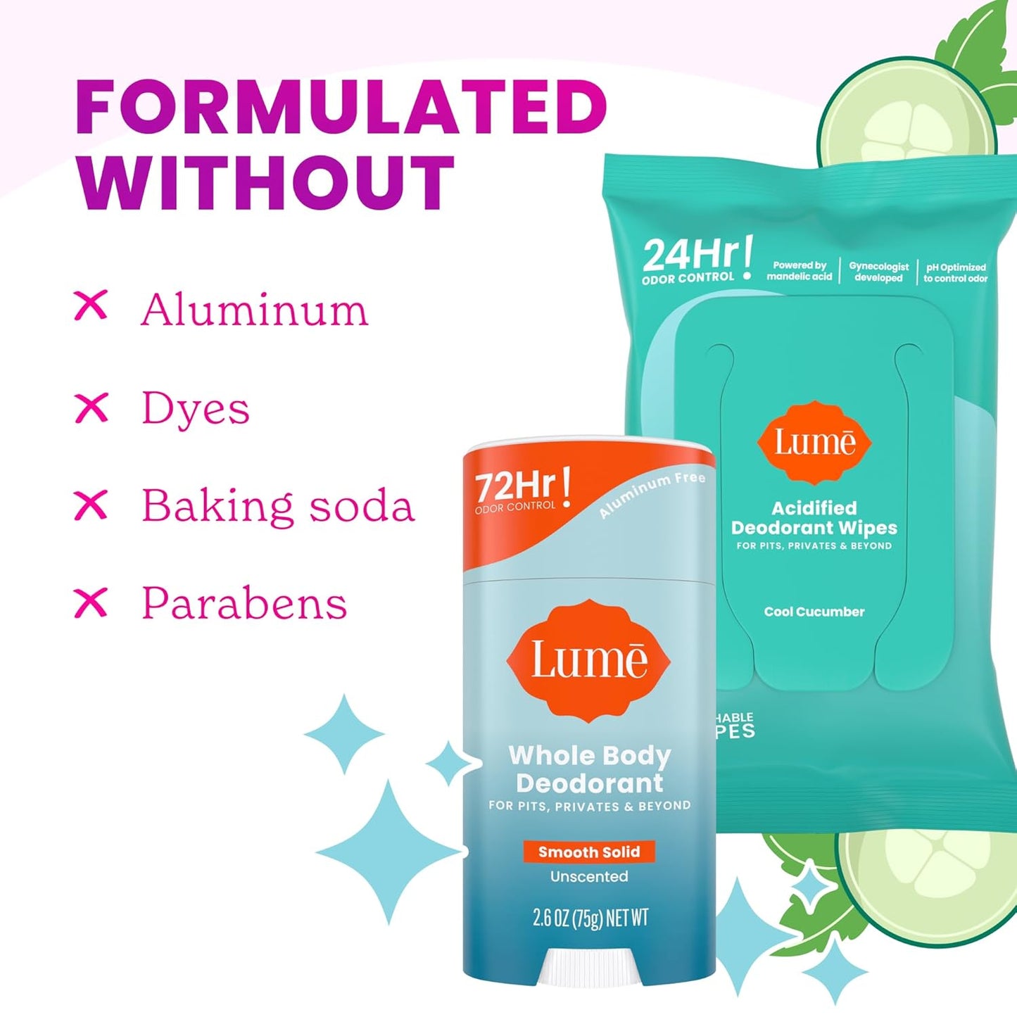 Lume Whole Body Deodorant - Smooth Solid Stick & Flushable Deodorant Wipes - Doctor Developed - Aluminum Free, Baking Soda Free, Skin Loving - 2.6 Ounce (Unscented) 15 Count Wipes (Cool Cucumber)