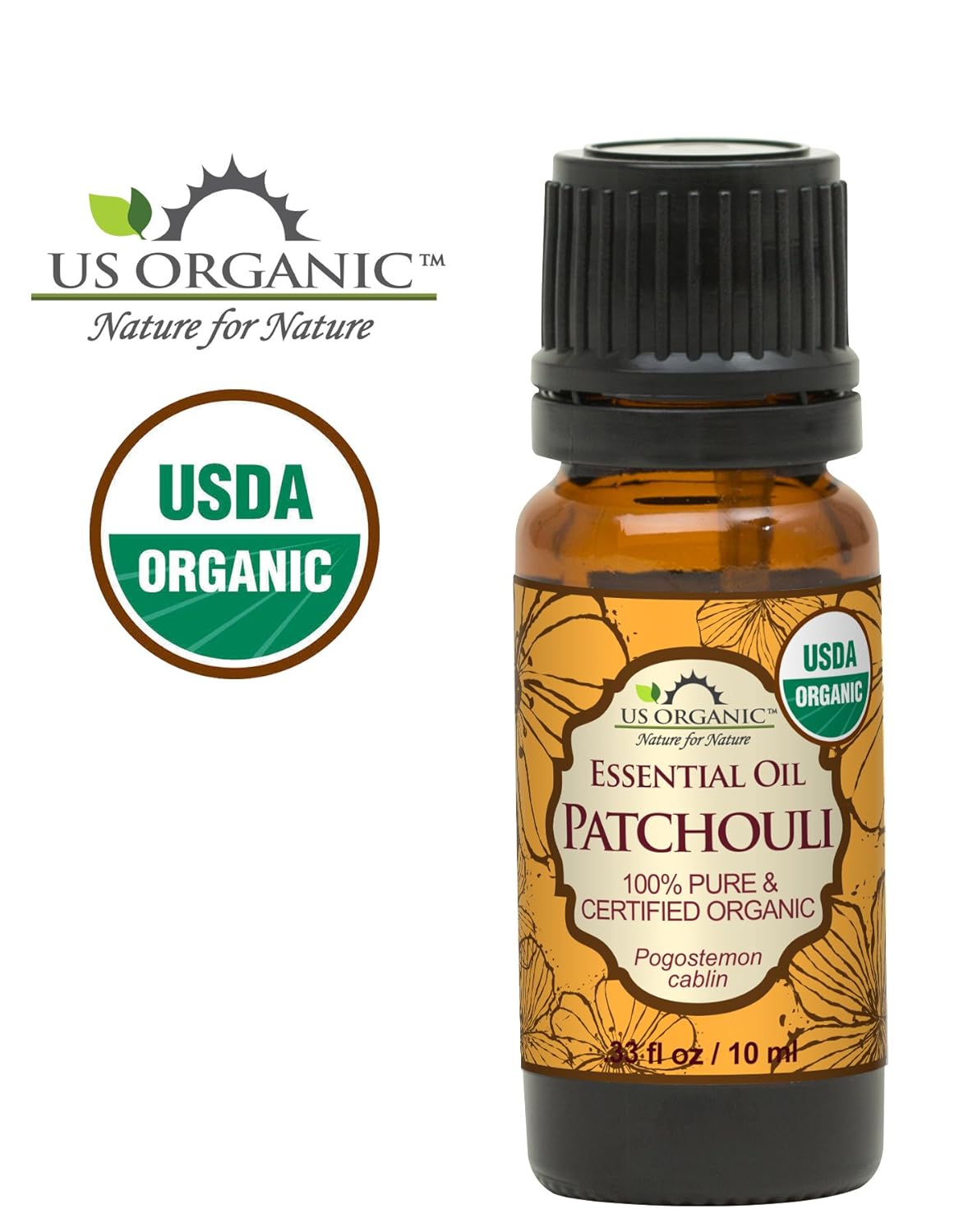 US Organic 100% Pure Patchouli Essential Oil - USDA Certified Organic, Steam Distilled - W/Euro droppers (More Size Variations Available) (10 ml / .33 fl oz)