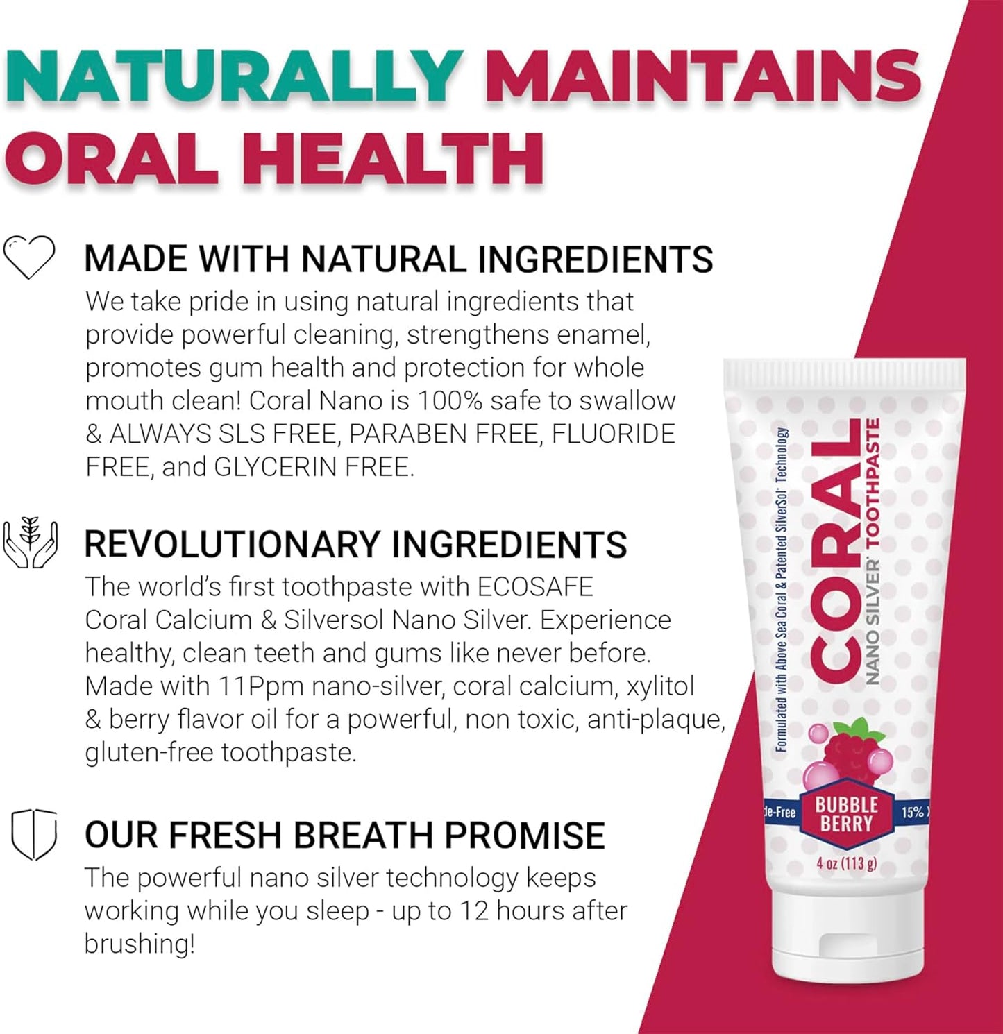 Coral Nano Silver Bubble Berry Kids Toothpaste, Natural Fluoride Free Teeth Whitening Toothpaste, Coral Calcium Nano Silver Infused SLS Free - 4 Ounces