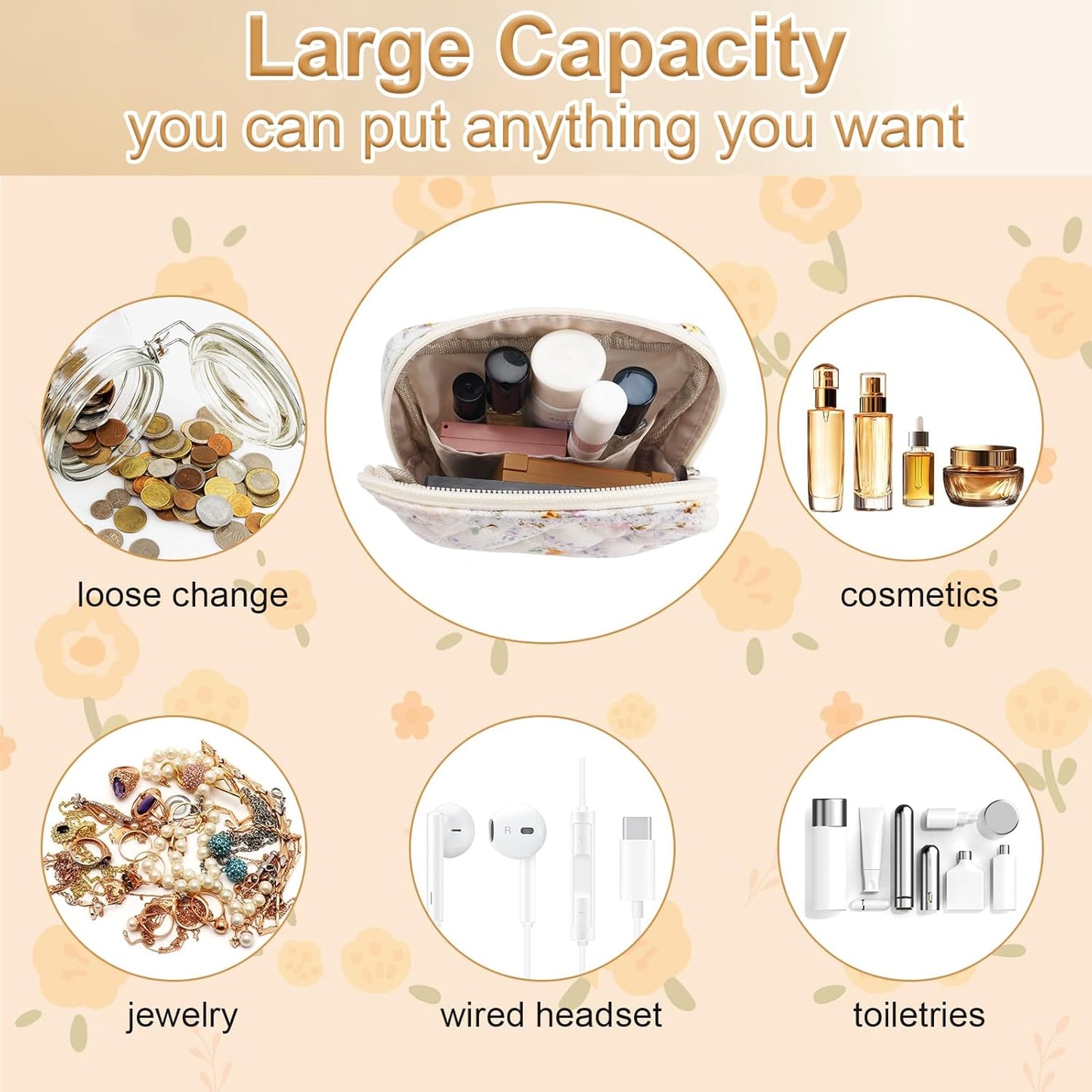 Small Quilted Cotton Makeup Bag for Purse Mini Cosmetic Period Bag for Women Cute Mixed Flower Makeup Sanitary Pouch Portable Travel Toiletry Bags with Zipper Slip in Pockets Birthday Gifts