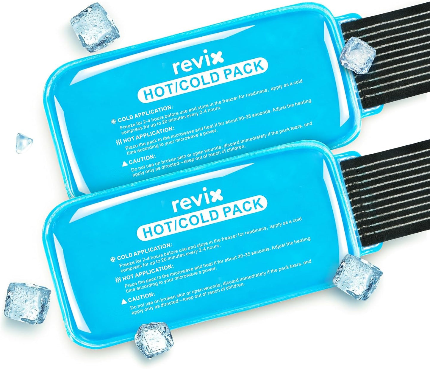 REVIX Ice Packs for Injuries Reusable, 2 Packs Hot & Cold Gel Ice Packs with PVC Cooling Design & Adjustable Strap, Flexible Therapy on Joints, Muscles, Shoulder, Back and Knee (10" x 5" Blue)