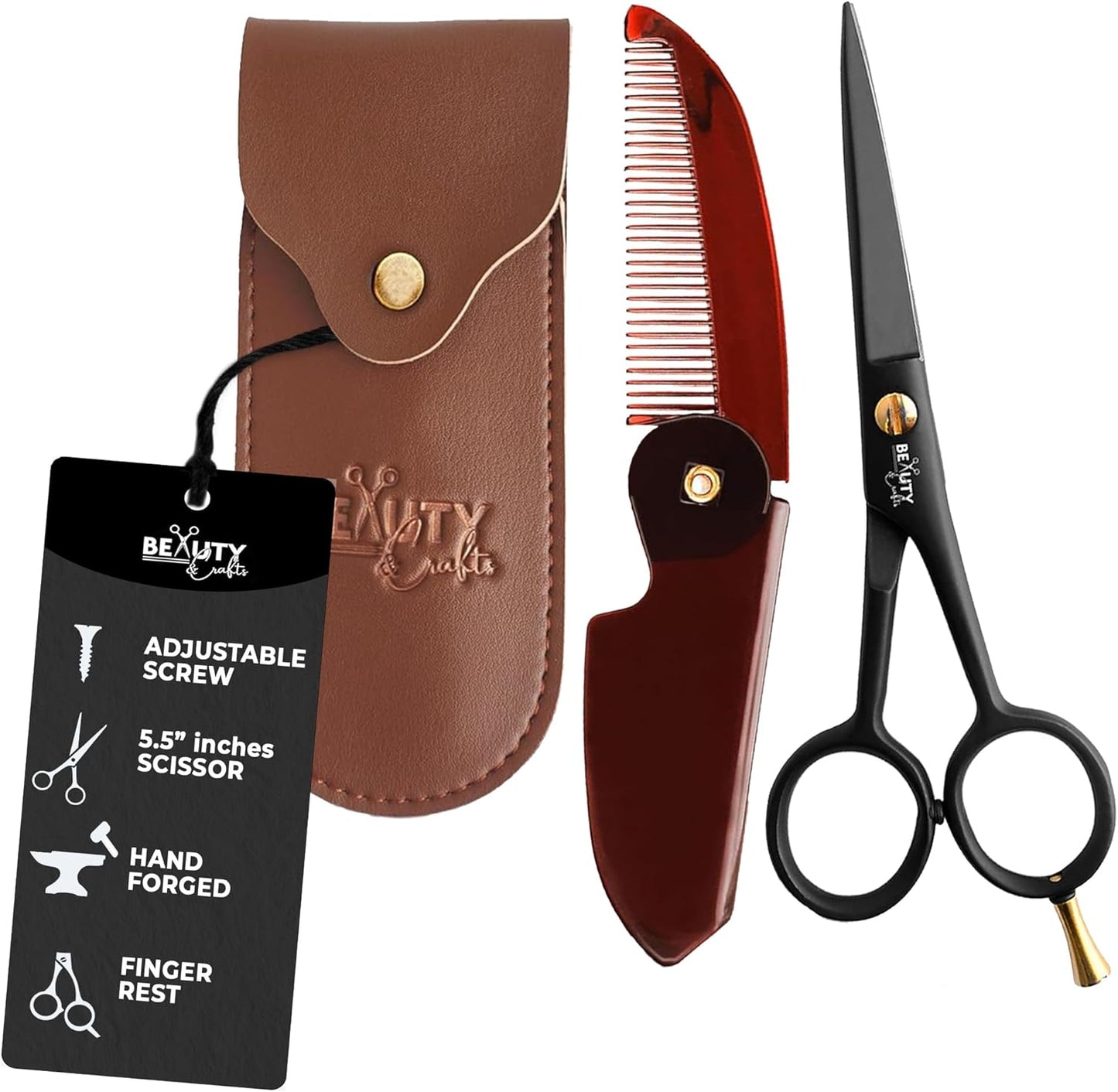 5'' German Beard Mustache Scissor- 2 Mustache Combs for Facial Hair with Beautiful Pouch -Beard Trimming Scissors for Grooming, Cutting, and Styling of Mustache (Black with Folding Comb)