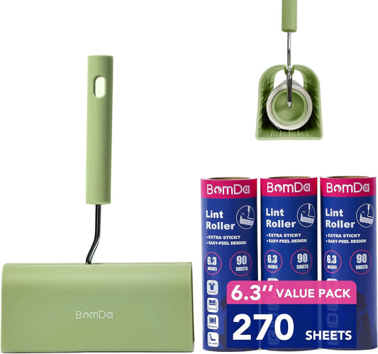 Extra Sticky Large Surface Lint Roller, 6.3'' Giant Lint Roller for Pet Hair, 270 Sheets/ 3 Refills, Long Handle Lint Remover for Clothes, Furniture, Dog & Cat Hair Remover