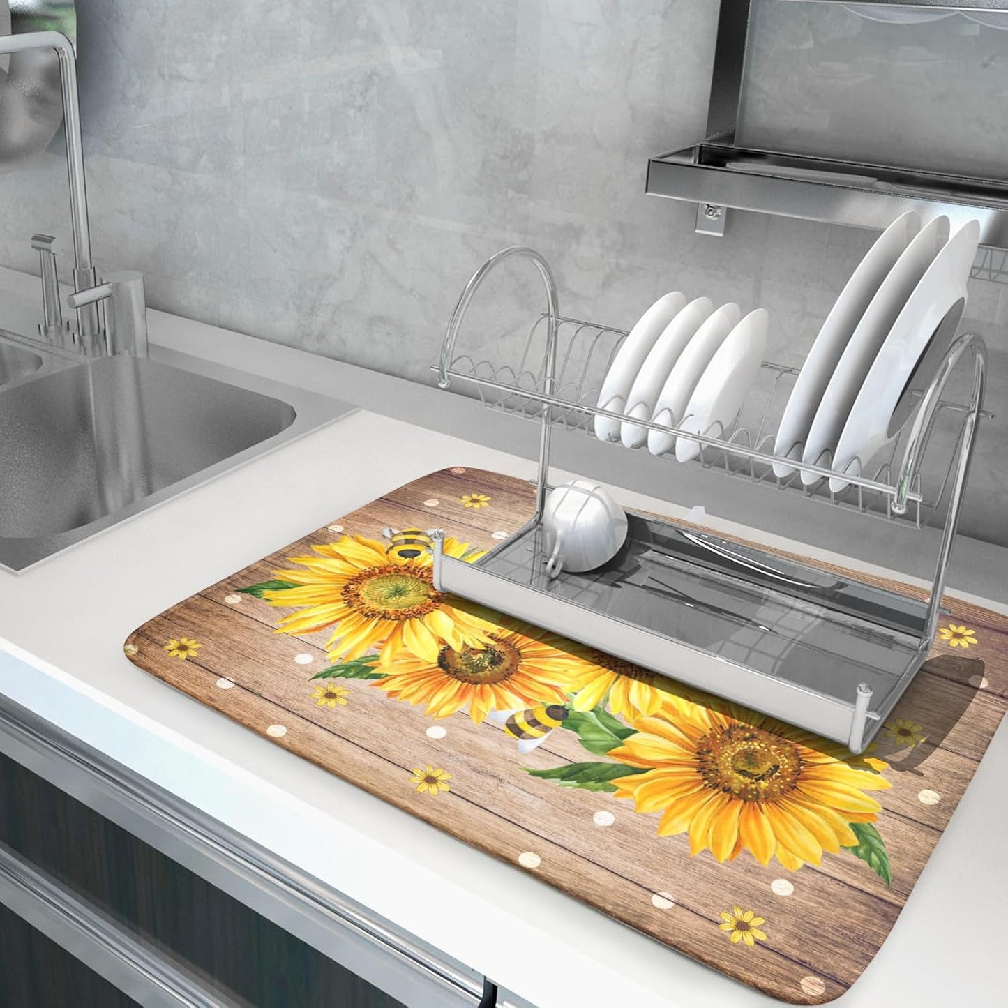 Sunflower Bee Dish Drying Mat for Kitchen Counter Home 18x24 Inch Wood Barn Microfiber Drainer Rack Mats Washable Absorbent Dish Dry Pad
