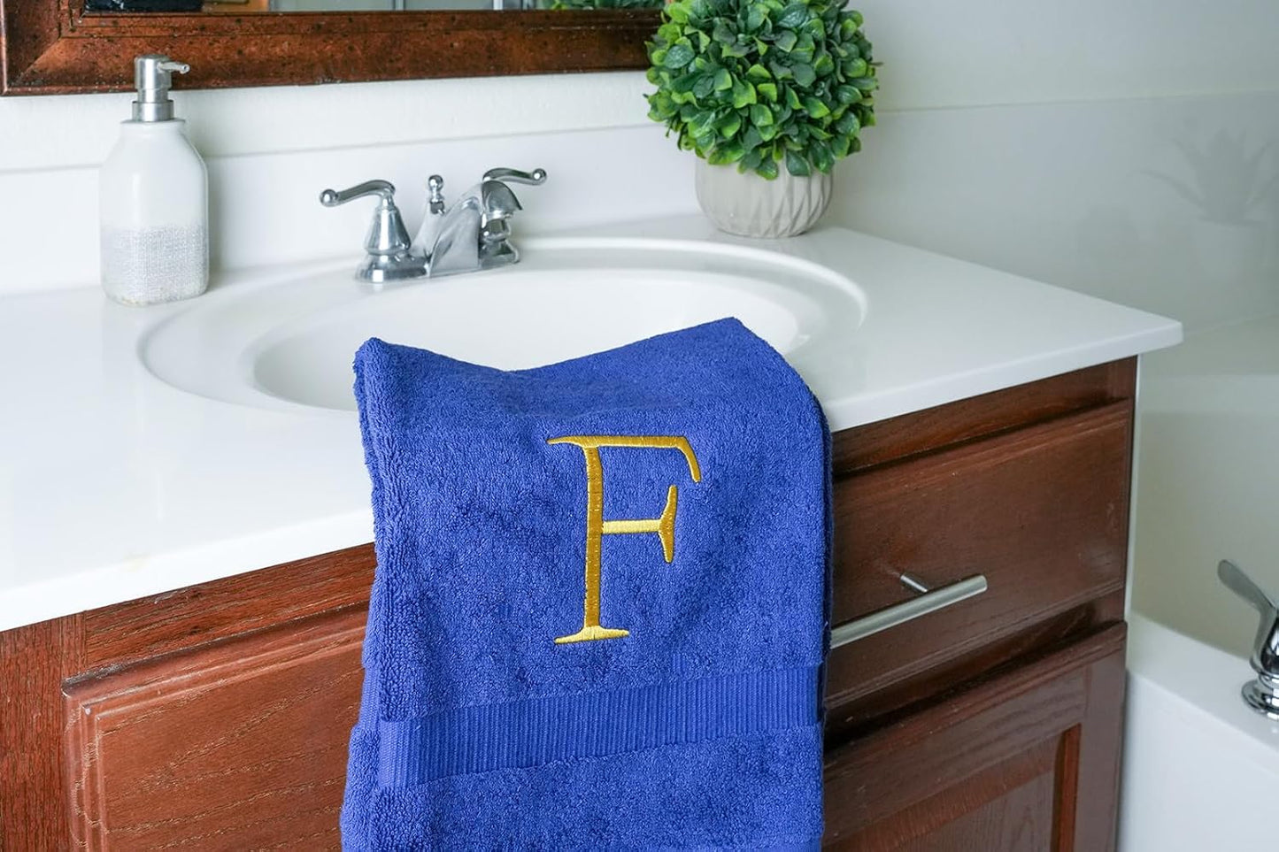 Navy Monogrammed Hand Towel for Bathroom - Initial Hotel Quality Decorative Embroidered Luxury Towel for Powder Room, Spa - GOTS Organic Certified - Pack of 2, Letter F