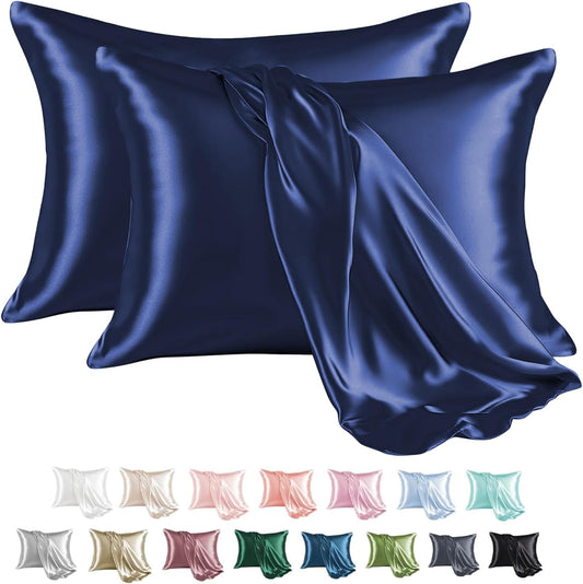 MR&HM Satin Pillowcase for Hair and Skin, Silk Satin Pillowcase 2 Pack, King Size Pillow Cases Set of 2, Silky Pillow Cover with Envelope Closure (20x36, Navy Blue)