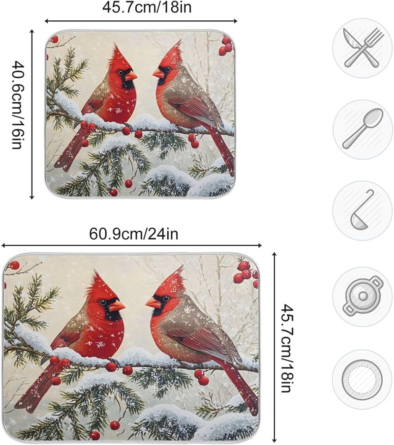 Christmas Dish Drying Mat Red Cardinals Birds Snowflake Branches Berries Winter Christmas Dish Drainer Mat for Kitchen Counter Drying Mat 16 x 18 Inch Absorbent Microfiber Dish Mat