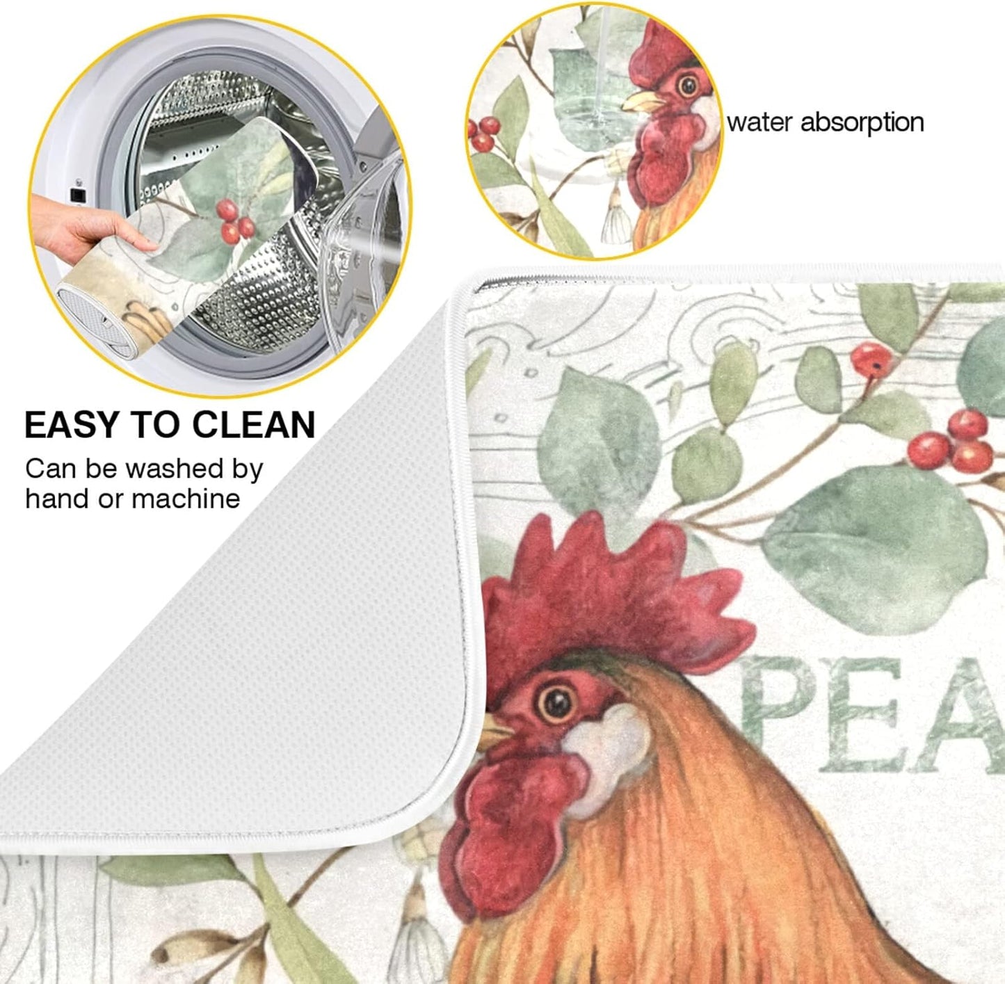Farmhouse Rooster Farm Dish Drying Mats for Kitchen Drying Mat 16 x 18 Inch Absorbent Microfiber Drying Dish Mat Machine Washable Dish Rack Pad Dish Drainer Mat