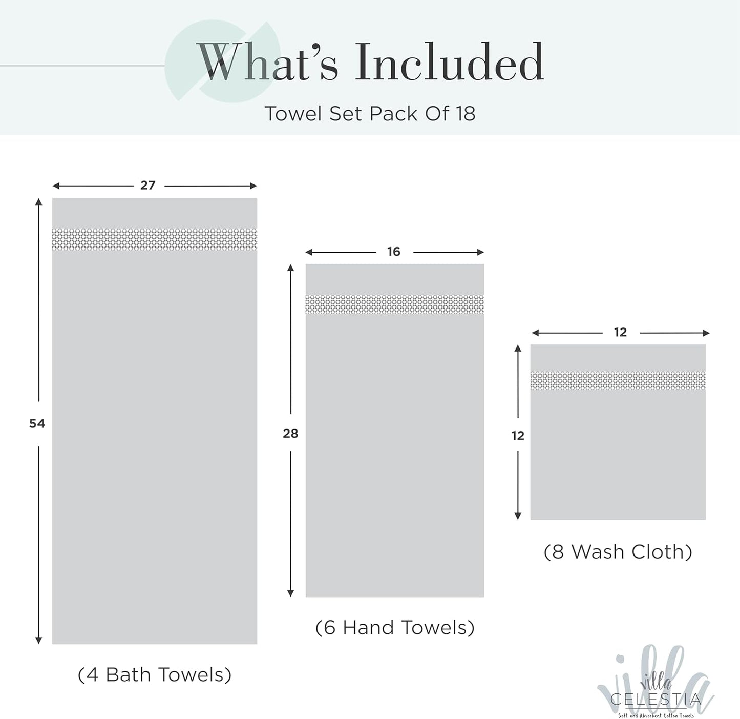 100% Cotton Bath Towel Set of 18-4 Bath Towels, 6 Hand Towels, 8 Wash Cloths, Sustainable, Soft, Highly Absorbent, Combed Cotton 18 Piece Set for Hotels, Spa, Bathroom, Dorm, Teal