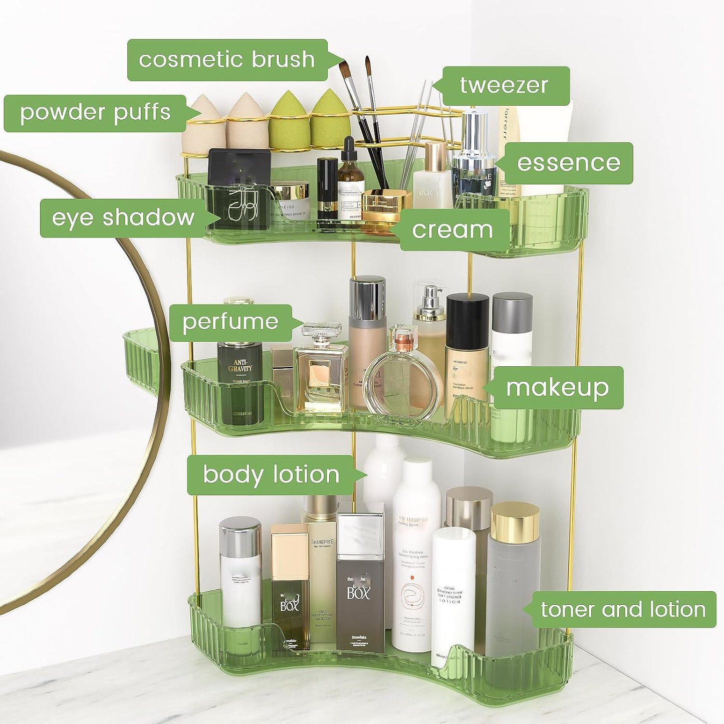 NATURE'S SOURCE Makeup Organizer for Vanity, 3-Tier Corner Bathroom Organizer Countertop with Makeup Brush Holder, Corner Counter Storage for Bathroom Dresser- Green